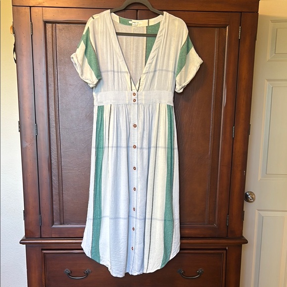 O’Neill Women’s Maxi Dress V Neck Long Button Down Medium M Blue Green White EUC - Picture 1 of 8
